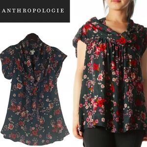 Odille Anthropologie Women's 100% Silk Teal Floral Cowl Neck Shirt Size 10.